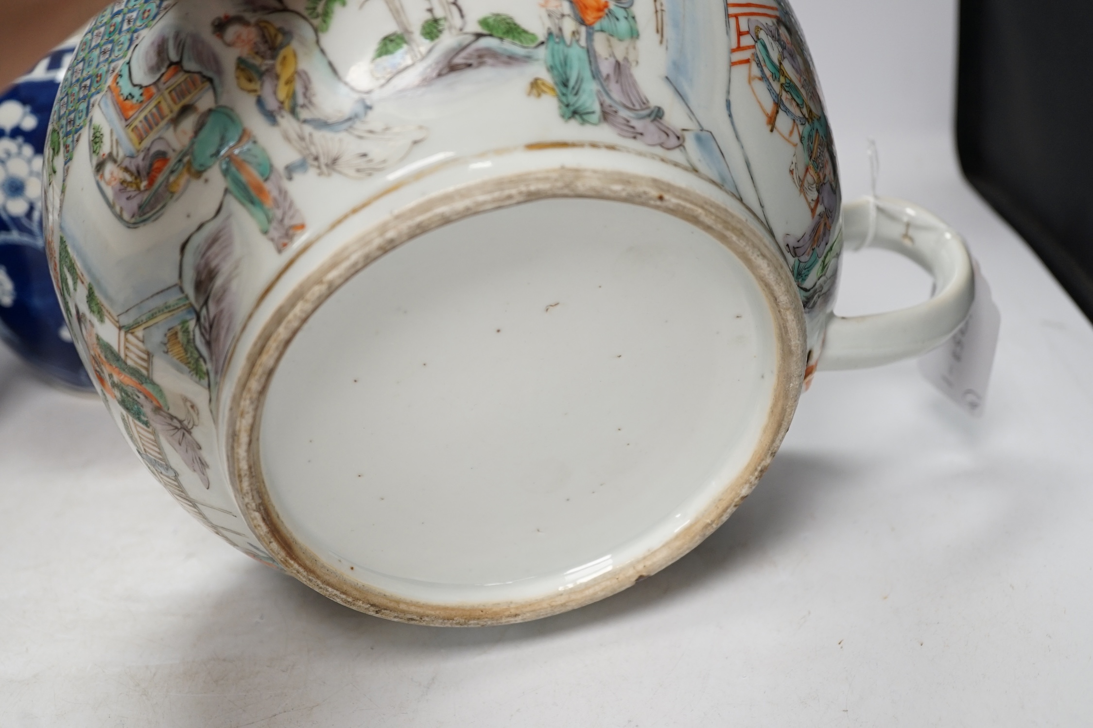 A 19th century Chinese famille verte handled bowl, missing cover, two blue and white prunus jars and an Imari dish, largest 28cm long. Condition - poor to fair